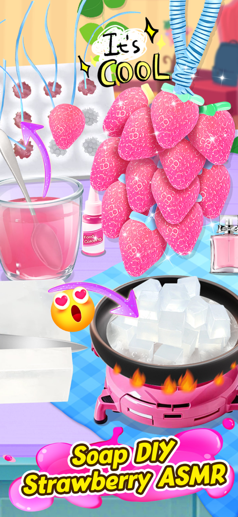 A screen showing a strawberry soap DIY activity in the Squishy AntiStress ASMR app with pink aesthetics and sensory elements