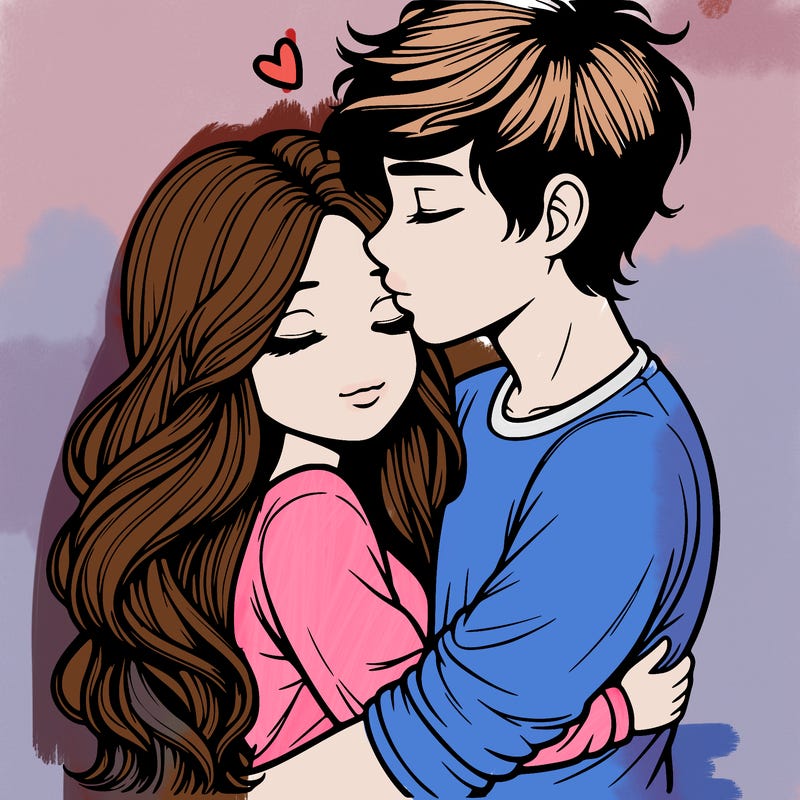 a realistic couple boy and girl hugging and kissing