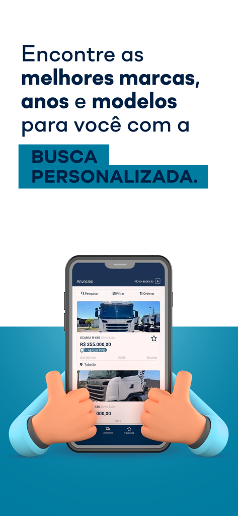 QueroTruck - Schermata dello smartphone che mostra i risultati della ricerca dell'app QueroTruck per camion commerciali in vendita.