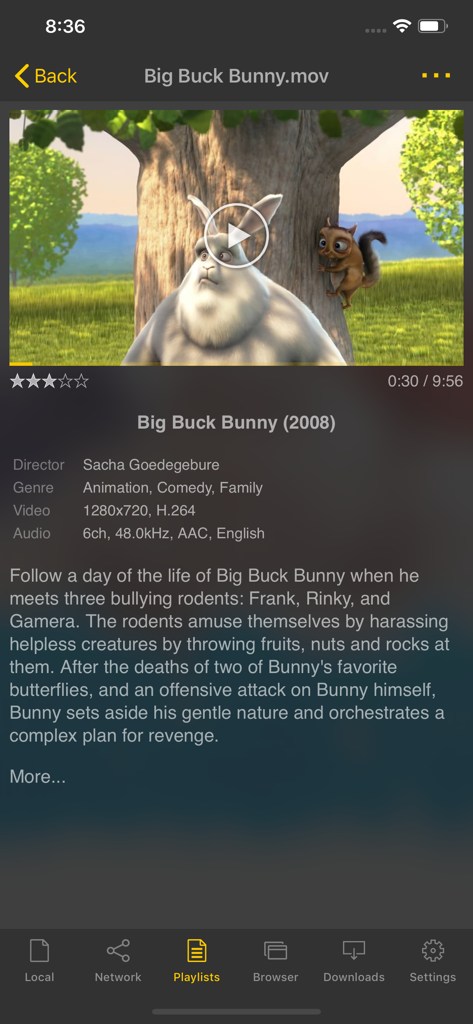 nPlayer Lite app interface showing video metadata and description for Big Buck Bunny movie