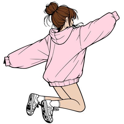 realistic girl jumping with a bun and oversized sweatshirt