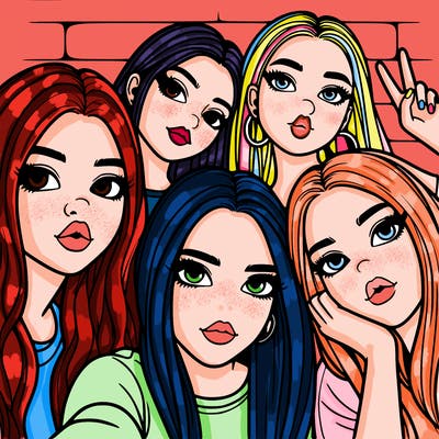 group of teen girls friends y2k up close in a selfie