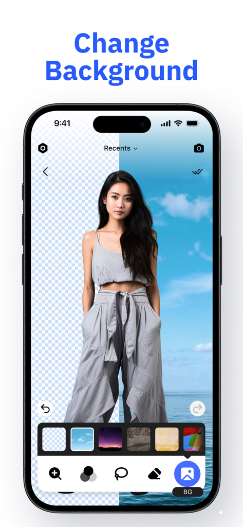 AI Background Remover & Eraser - Smartphone-Bildschirm, der die Funktion zum Ändern des Hintergrunds zeigt, mit einer Person vor einem Strand.
