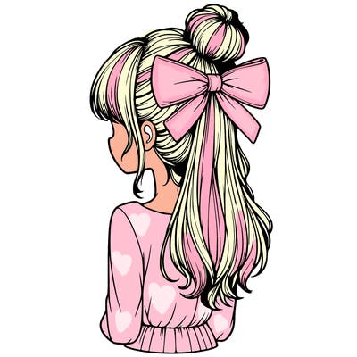 realistic girl  with hip length hair a bun and a big bow on the back of head