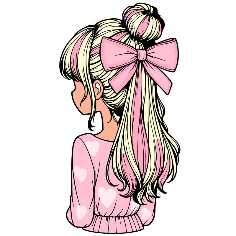 realistic girl  with hip length hair a bun and a big bow on the back of head