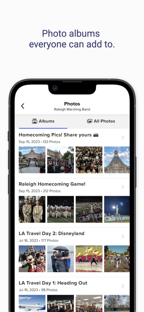 GroupSpot - A mobile interface of the GroupSpot app showing organized shared photo albums for a marching band including homecoming and travel events