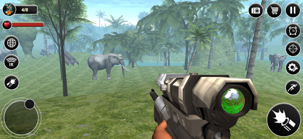 Snake Hunter Sniper 3D - Vista de francotirador en primera persona apuntando a elefantes en un entorno de jungla 3D