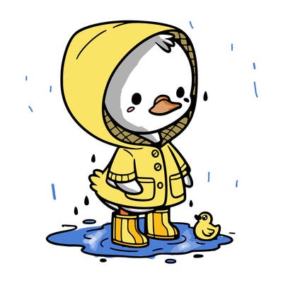 baby duck in a rain coat and boots, in a puddle while it’s raining