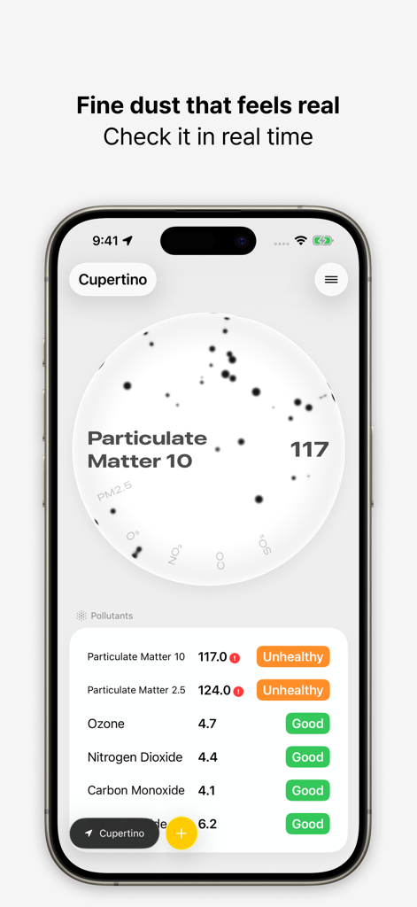 Interfaz de la aplicación Dusty que muestra niveles de material particulado en tiempo real y datos detallados de contaminantes del aire