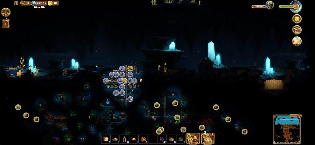 Craft The World-Pocket Edition - A gameplay screenshot of Craft The World Pocket Edition showing a central tech tree menu and an underground dwarf base.