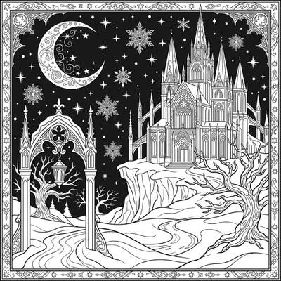 Step into a world of enchanting shadows and pristine snow with this gothic night castle coloring page. Discover intricate details and let your creativity bring this mysterious winter fantasy to life under the crescent moon.