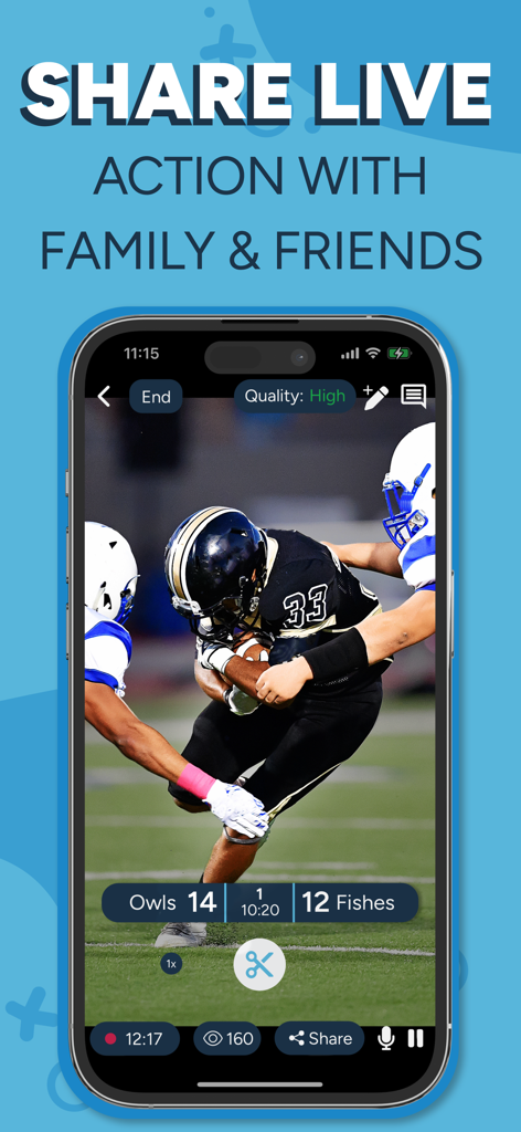 Interfaccia dell'app SportsEngine Play che mostra lo streaming di una partita di football giovanile in diretta con sovrapposizione del punteggio e strumento per la creazione di clip dei momenti salienti
