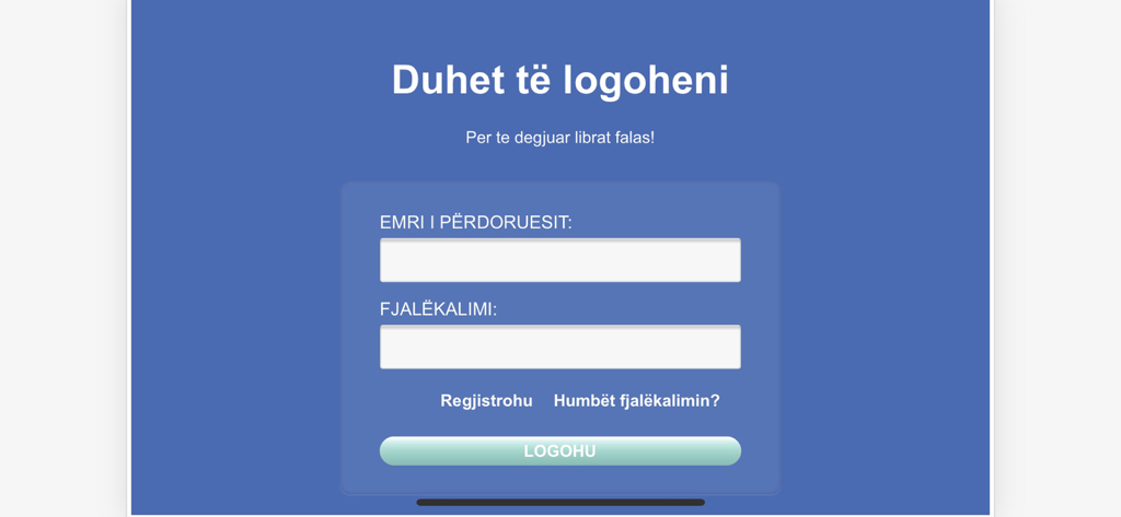 Anmeldebildschirm der Sigal Hörbücher App mit Benutzername und Passwort Feldern in albanischer Sprache.