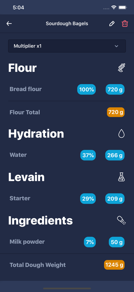 Baker Buddy - Sourdough bagel recipe with baker percentages and ingredient weights in the Baker Buddy app