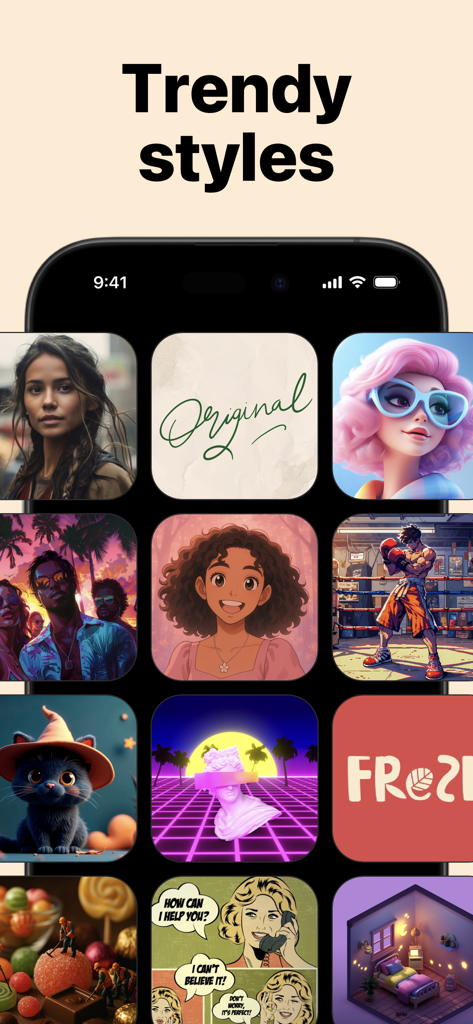 スマートフォン画面に表示される、アニメ、サイバーパンク、リアルなポートレートなどのさまざまなAIアートスタイルコレクション。