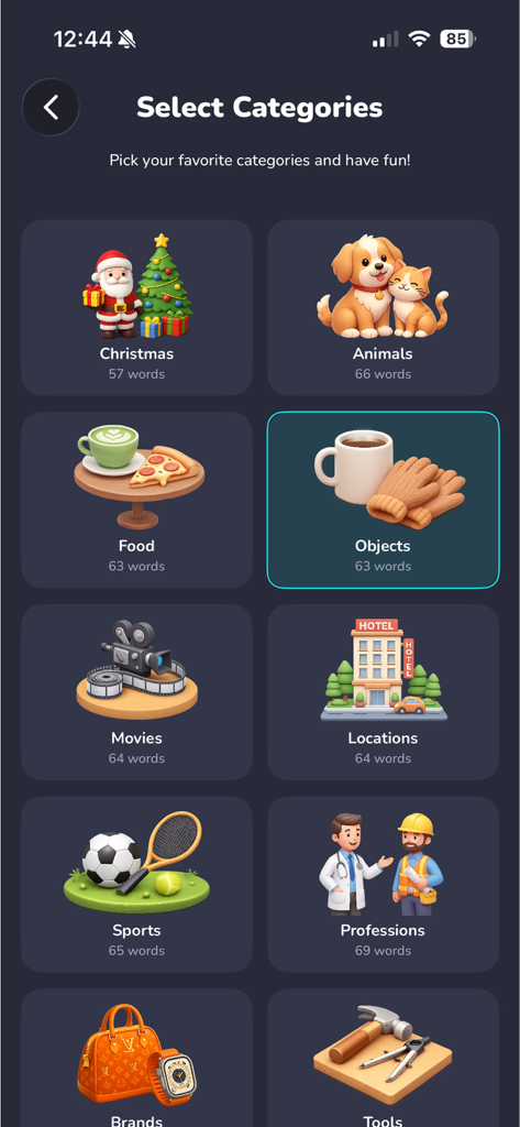 Imposter: Fun Party Word Game - Category selection screen for the Imposter word game showing icons for animals food and movies