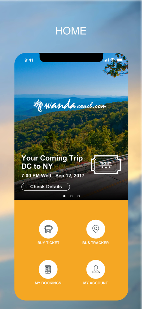 Wanda Coach - Wanda Coach mobile app home screen showing a scheduled trip from DC to NY and main navigation buttons for booking and tracking