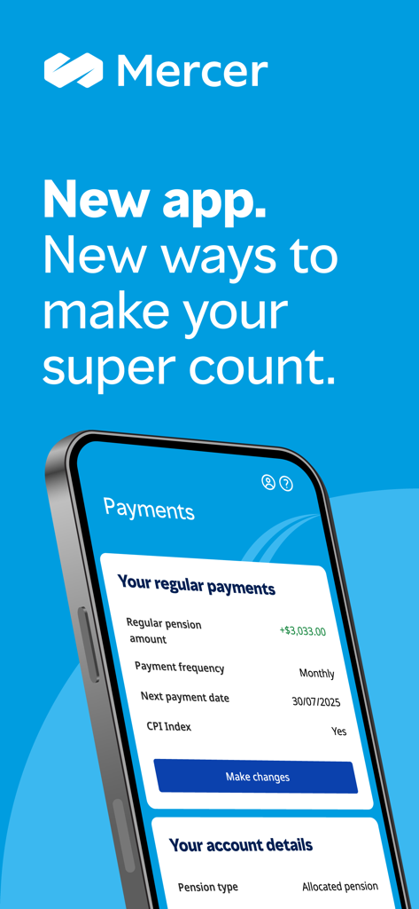 Mercer Super (Member App) - Mercer Super mobile app interface showing pension payment details and account balance information