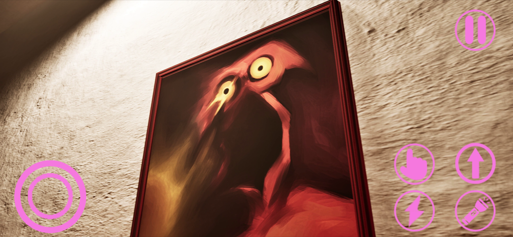 In-game screenshot of Garten of Banban 8 showing a creepy red creature painting on a wall with pink mobile game controls
