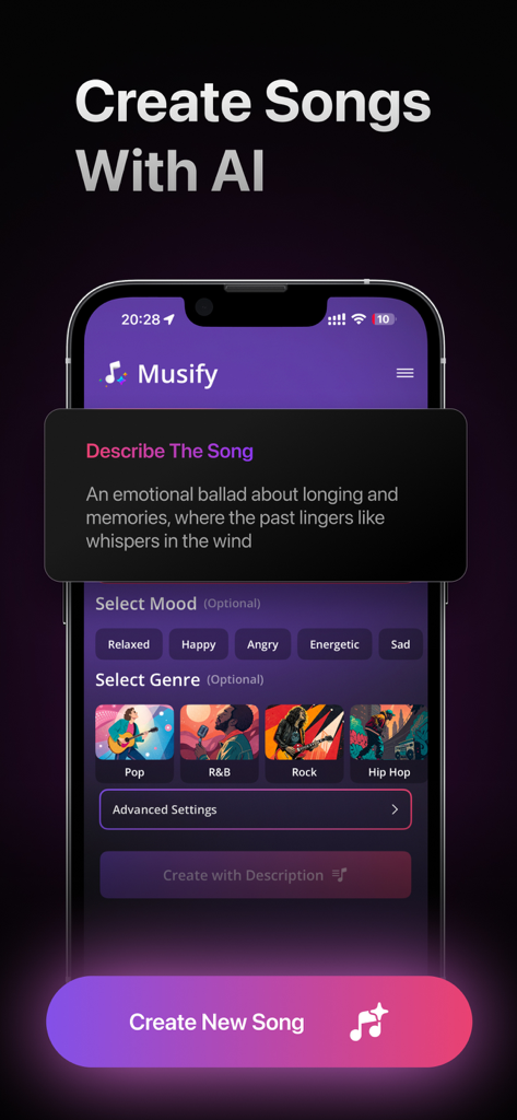 Singo AI Song & Music Maker - Singo AI app interface for creating a song with options to input a description select mood and choose musical genre