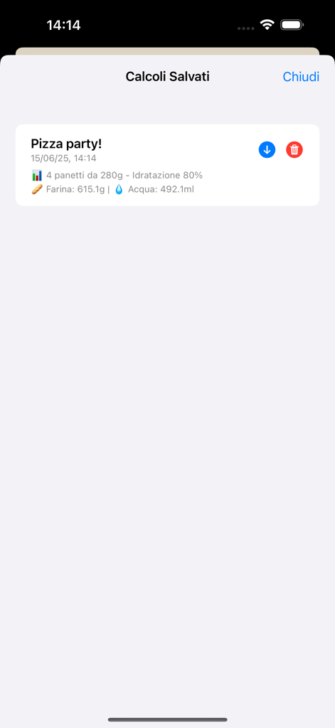 Una lista de recetas de masa de pizza guardadas en la aplicación Pizzafy que muestra el porcentaje de hidratación y los pesos de los ingredientes para una fiesta de pizza