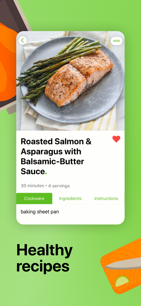 Anzeige der Mealime-App eines gesunden Rezepts für gebratenen Lachs und Spargel mit 30 Minuten Zubereitungszeit