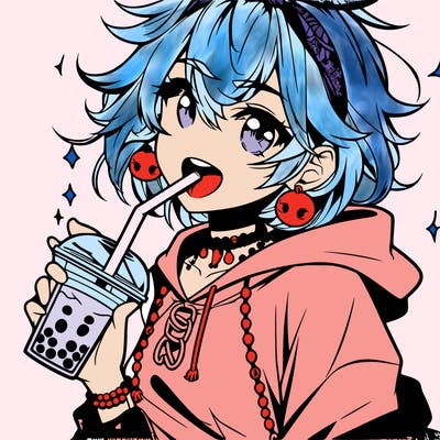 hot baddie anime girl drinking boba and biting the straw