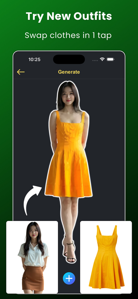 Face Over: AI Face Swap - A mobile interface for the Face Over app showing the Try New Outfits feature where a woman swaps her outfit for an orange dress