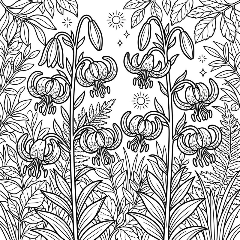 Embrace the warmth of summer with this beautiful coloring page featuring elegant Martagon Lilies. Their unique recurved petals and spotted details offer a delightful floral challenge amidst lush green surroundings.