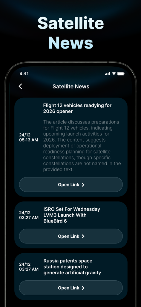 Star Tracker - Night Sky Map - Captura de pantalla de la sección de Noticias de Satélites en la aplicación Star Tracker, con artículos sobre lanzamientos espaciales y exploración