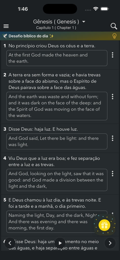 Bíblia Sagrada em Português - Versículos bíblicos exibidos em português e inglês dentro da interface do aplicativo.