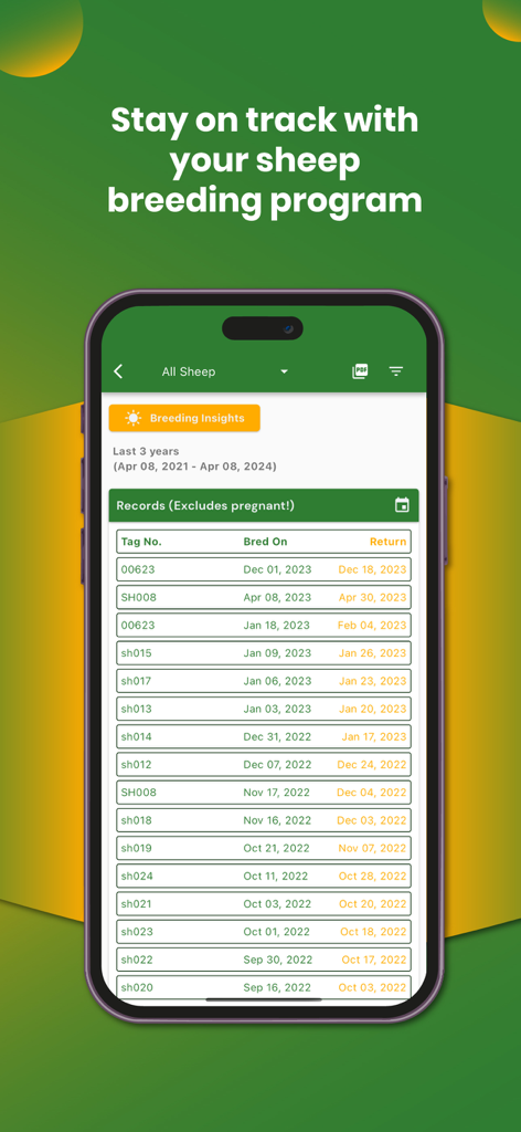 My Sheep Manager - Farming app - A smartphone showing sheep breeding records and tag numbers in the My Sheep Manager app