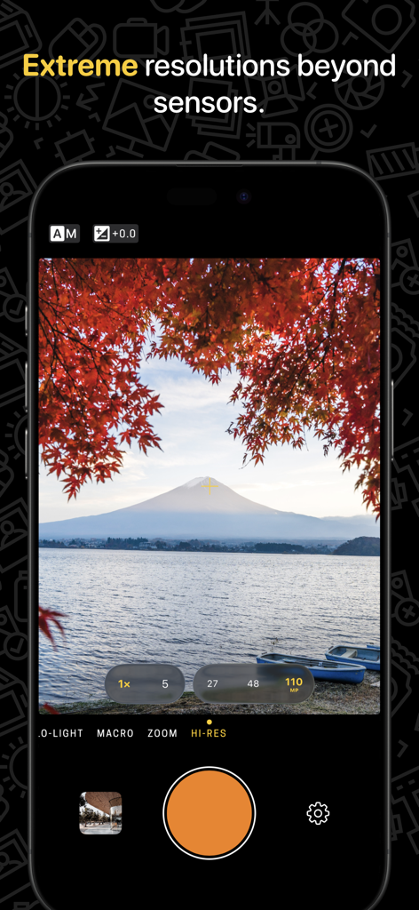 Hydra 2 › AI Camera: RAW + HDR - Interfaz de la aplicación Hydra 2 AI Camera mostrando el modo de alta resolución de 110MP con fotografía de paisajes