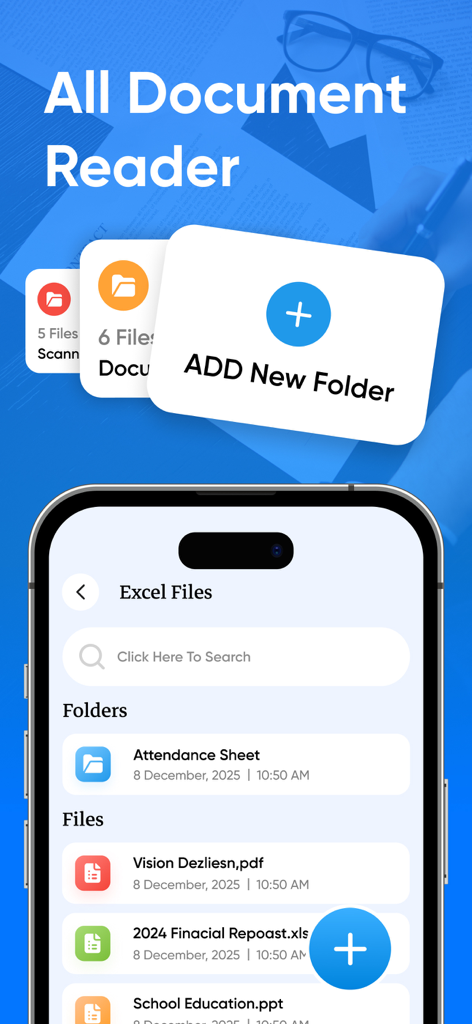 All Document Viewer - Open PDF - Interface of the All Document Reader app showing a list of organized files and folders on a smartphone