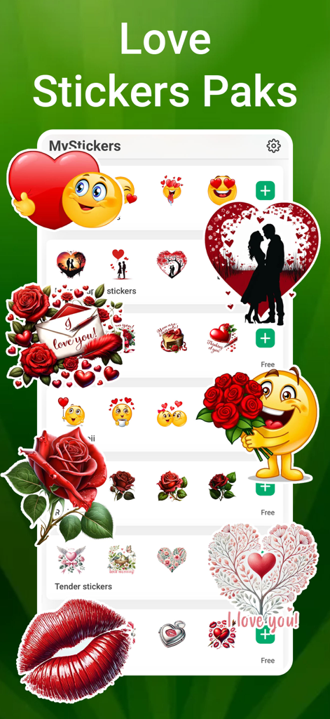 Collection of romantic love sticker packs for WhatsApp including hearts, roses, and affectionate emojis