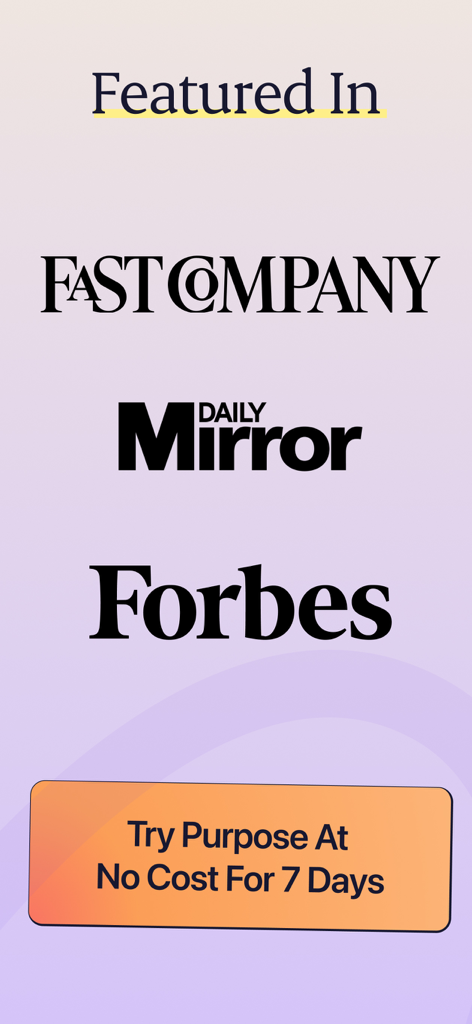 Purpose: Your AI Mentor - Logotipos de medios como Fast Company, Daily Mirror y Forbes bajo el texto 'Presentado en' con un botón de prueba gratuita para Propósito IA Mentor.