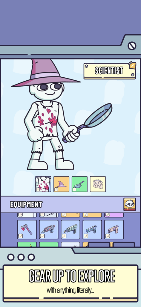 A World Without... Videogames - Character customization screen showing a scientist character equipped with a frying pan and a wizard hat