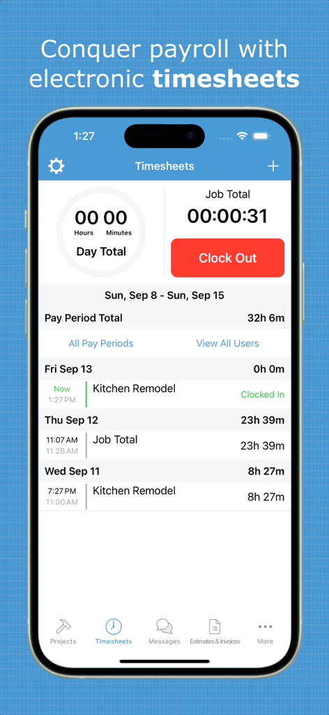 Interfaz de seguimiento de hojas de tiempo y nómina en la app Probuild para contratistas.