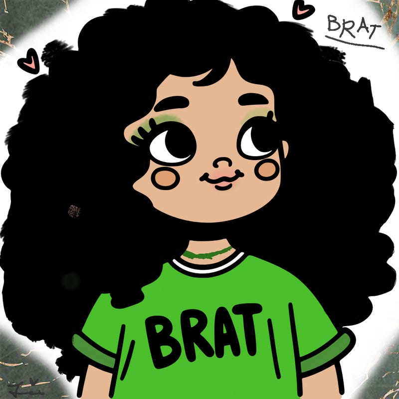 girl with curly hair and the word brat on her t-shirt