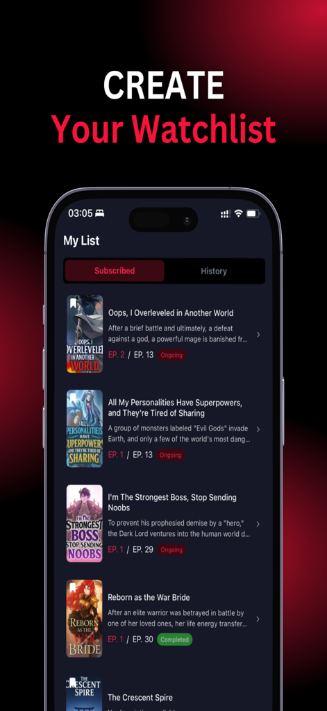 AniShort: Animated Comics - Interface da tela do celular mostrando a seção Minha Lista do aplicativo AniShort, onde os usuários podem gerenciar suas séries de anime de curta duração inscritas