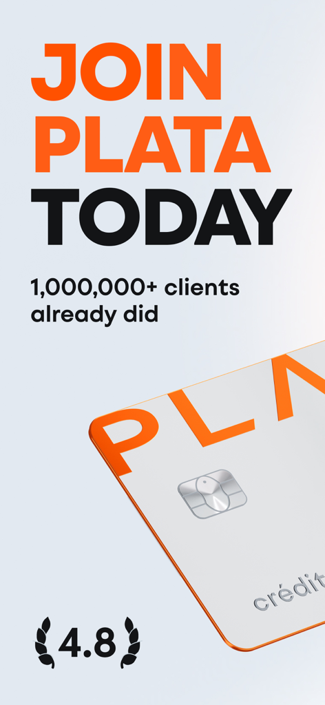 Plata credit card promotional banner with one million users and a four point eight star rating