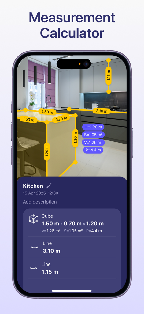 AR Ruler app interface showing measurement calculator in a kitchen
