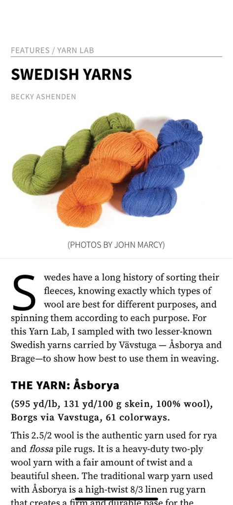 Handwoven - Digital magazine article titled Swedish Yarns featuring a photo of three wool skeins in green orange and blue