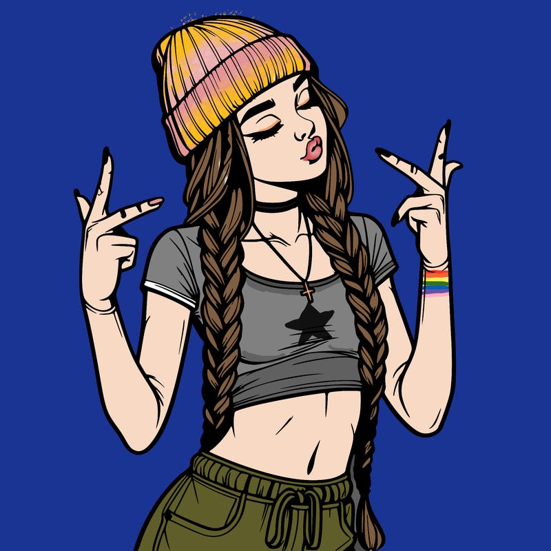 realistic teenage girl with braids and a beanie and crop top doing 🫶🏼