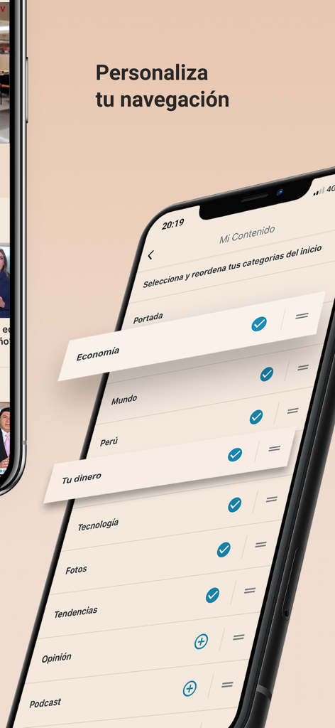 Schermata dell'iPhone che mostra il menu dell'app Gestion per personalizzare le categorie di notizie come economia e notizie mondiali