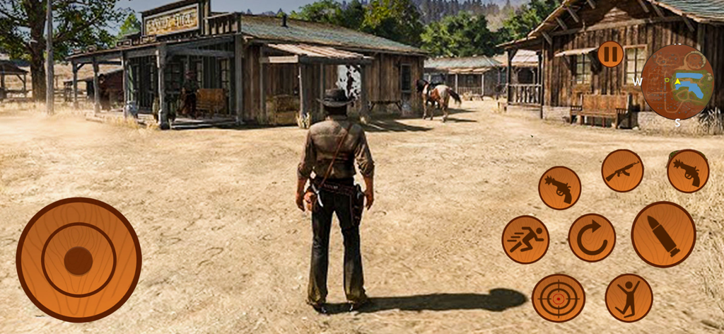 Cowboy Cleaner Sim Horse Game - Pantalla de juego de Cowboy Cleaner Sim mostrando a un vaquero en un pueblo del oeste con controles móviles