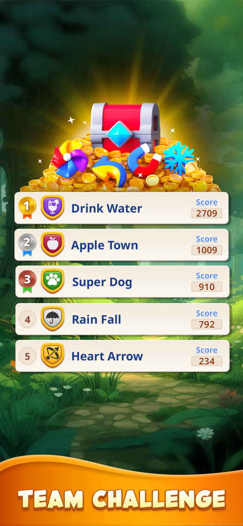 Tile Blossom Forest: Triple 3D - Team challenge leaderboard in Tile Blossom Forest showing team scores and reward chest