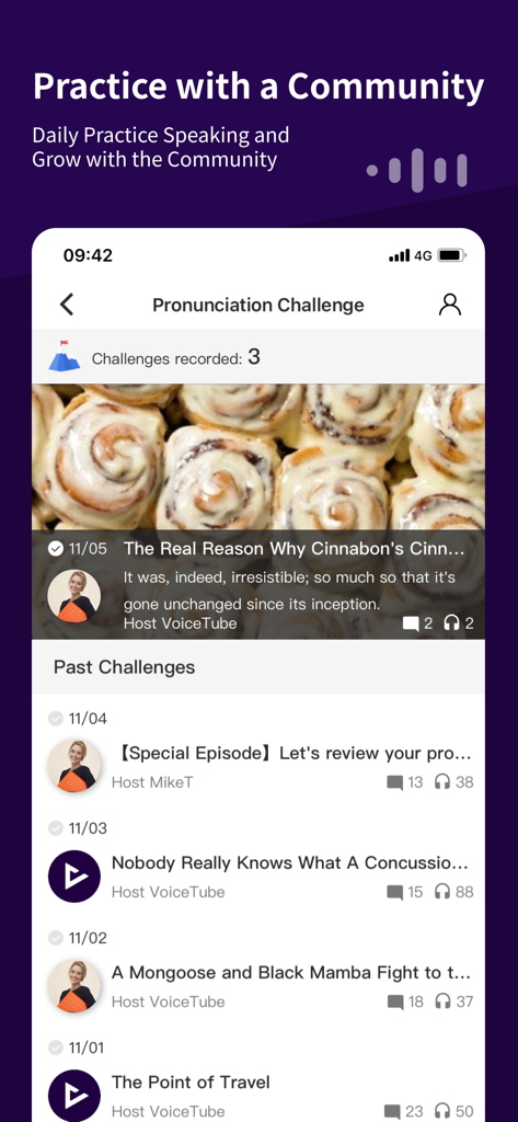 VoiceTube - Learn English - VoiceTube mobile app interface showing the daily pronunciation challenge and community speaking leaderboard