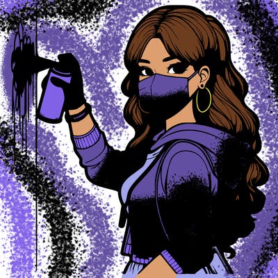 realistic girl with mask spray painting a wall