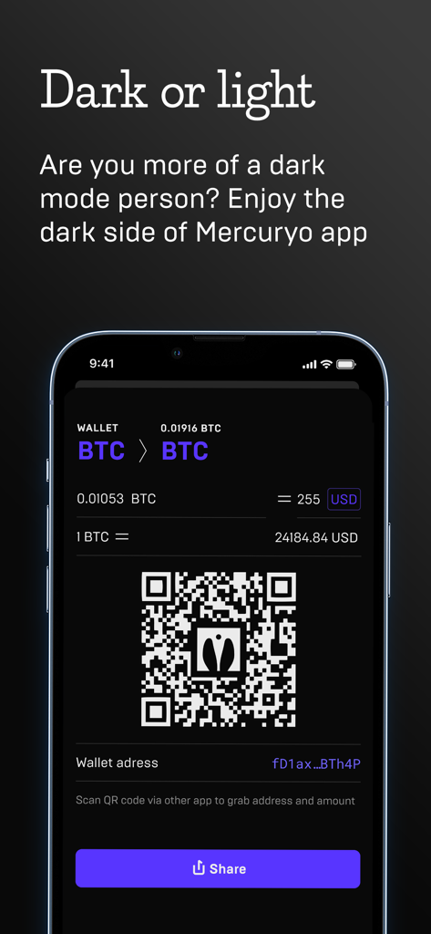 Mercuryo crypto wallet interface in dark mode showing a Bitcoin receive screen with a QR code and wallet address